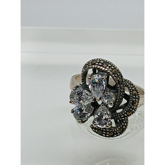 1990's Vintage Antique-Style Marcasite Sterling Silver Diamond CZ Size Ring 8.5 - Picture 4 of 9